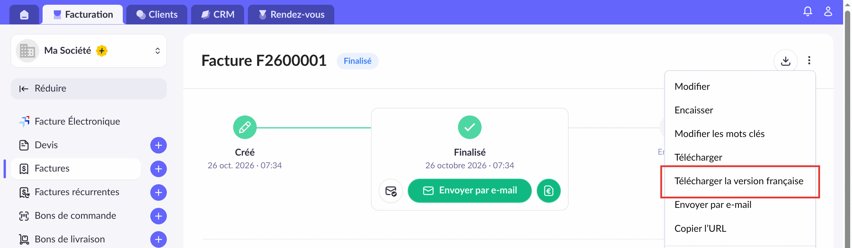 Menu 3 points d&rsquo;une facture en anglais avec T&eacute;l&eacute;charger la version fran&ccedil;aise