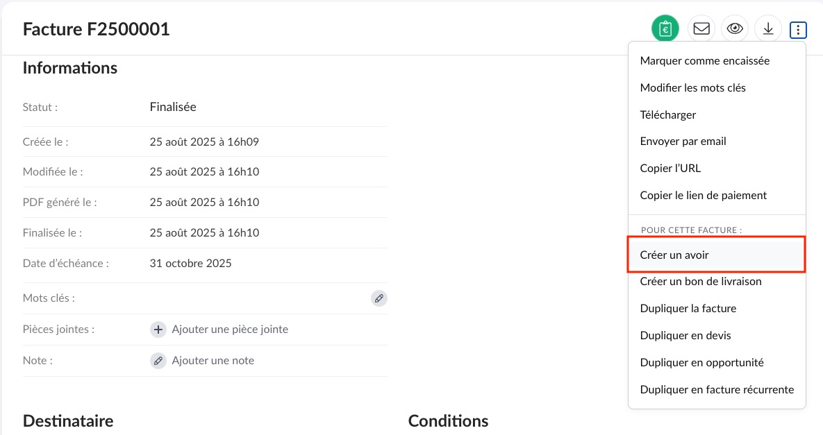 Créer un avoir