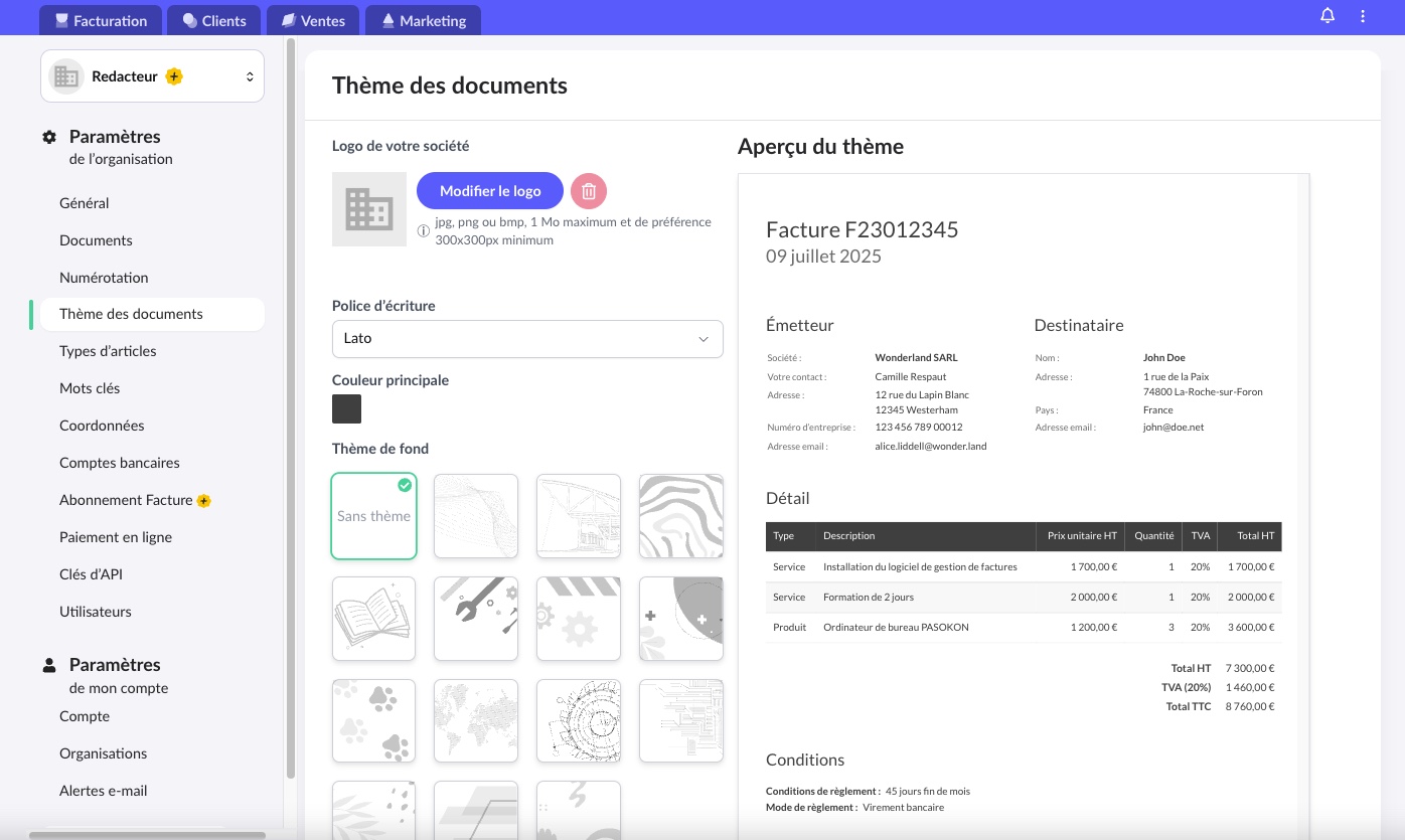 Paramétrer les thèmes des documents