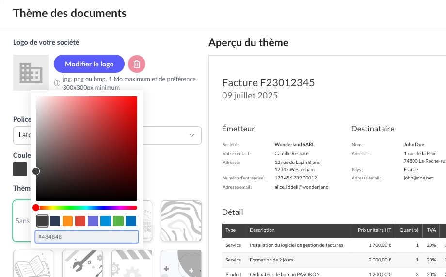 Paramétrer le thème des documents