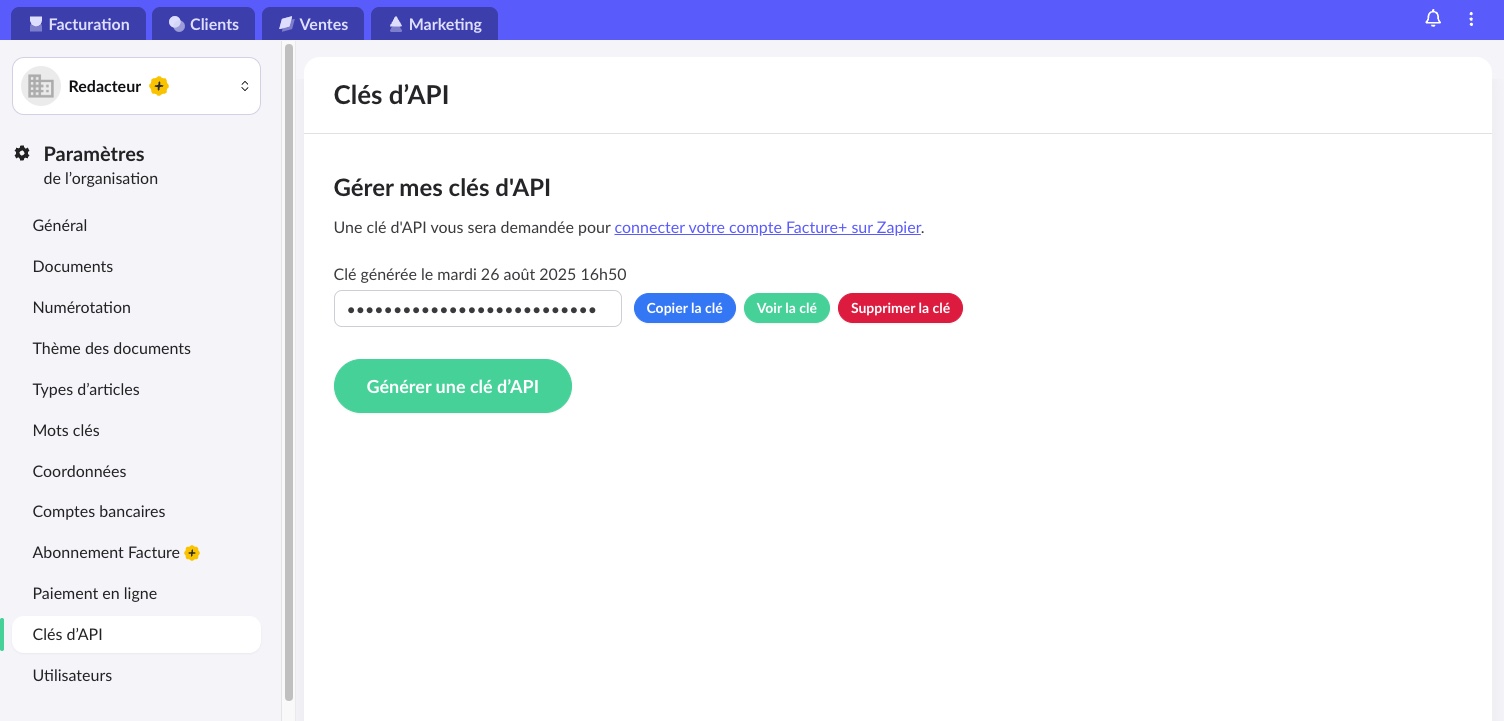 Générer clé API